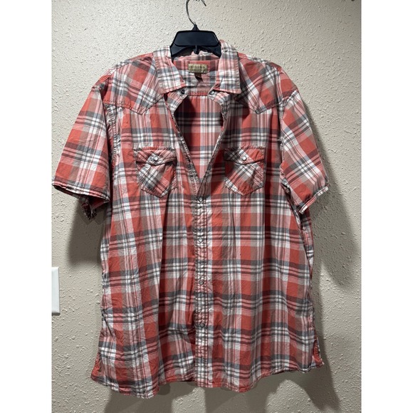 Sonoma Goods For Life Other - Sonoma Mens XXL Short Sleeve Western Pearl Snap Plaid Shirt Orange Gray Pockets